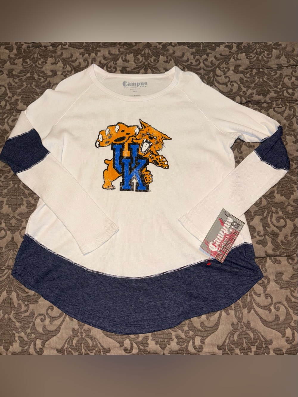 Vintage Style Campus Couture White & Navy UK Logo Long-Sleeve Top